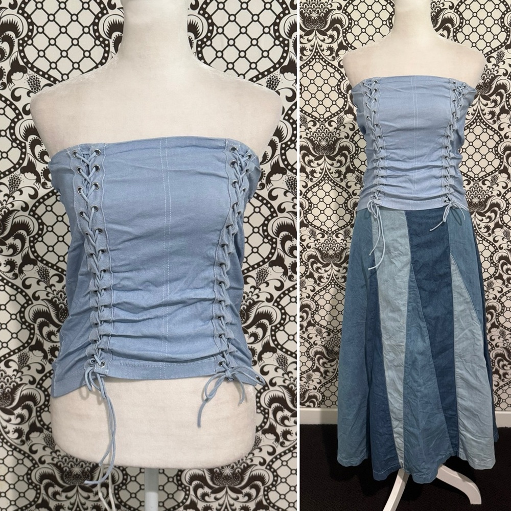 H&M ✨ Denim Stretch Lace up ties corset bustier strapless Crop Top | Sz L